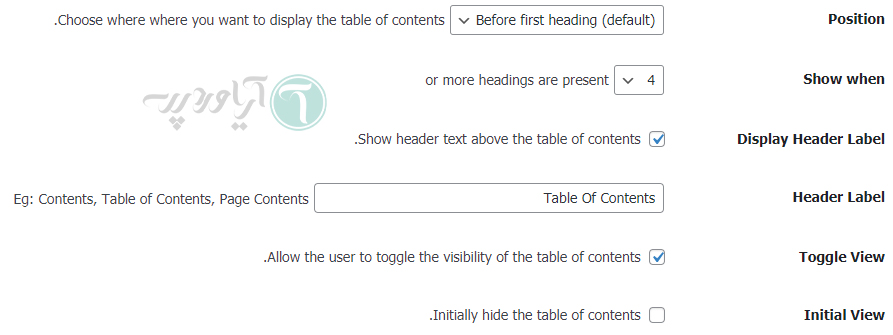 سایر تنظیمات در افزونه Easy Table Of Contents